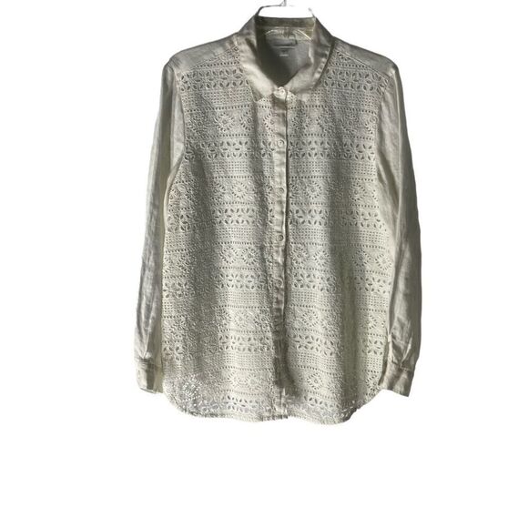 J Jill Love Linen Cutout Floral Button Down Long Sleeve Top Size Medium - Picture 1 of 10